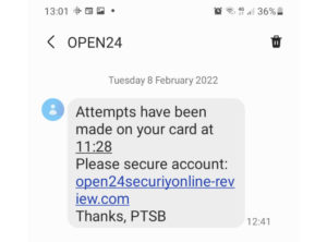 PTSB text smishing scam